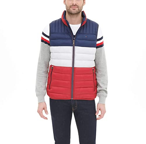 Tommy Hilfiger Men's Lightweight Packable Puffer Vest, Midnight/Ice/Red Colorblock, S