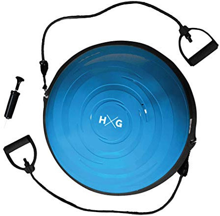 HxG. Balance Trainer Fitball con inflador y gomas, plataforma de equilibro de 58cm antideslizante, perfecta para tu entrenamiento, semiesfera de Ejercicios de Yoga, Pilates y Fitness. (Azul)