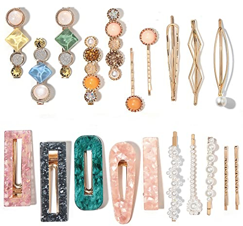 Mehayi Lot de 20 pinces à cheveux en perles et résine acrylique faites à la main en forme en marbre et strass géométriques - Accessoires pour cheveux élégants dorés - Cadeaux pour femmes et filles