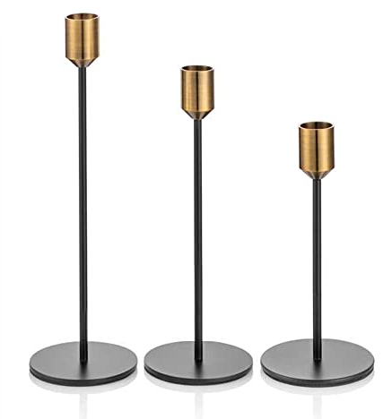 Romadedi Kerzenständer Gold & Schwarz 32/28/22 cm- 3er-Set Hoch Kerzenhalter Unterschiedlicher Größe für Stabkerze Kerzen Metall Vintage Modern Deko Tischdeko für Weihnachten Hochzeit Wohnzimmer