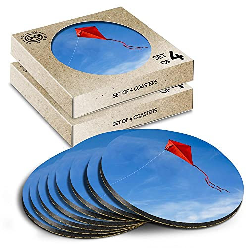 8 x Eco Boxed Cork Coasters - Flying Red Kite Blue Sky Summer Drink Cup Mug Glass Table Mat #15985