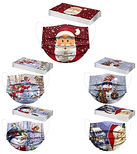 AMDOLE 50 Stück Erwachsene Mundschutz Weihnachtsmaske Einweg 3-lagig Niedlich Maske Bunt Gesichtsschutz Weihnachtsmotiv Bandana Atmungsaktiv MNS Mund-Tuch Halstuch für Männer Frauen