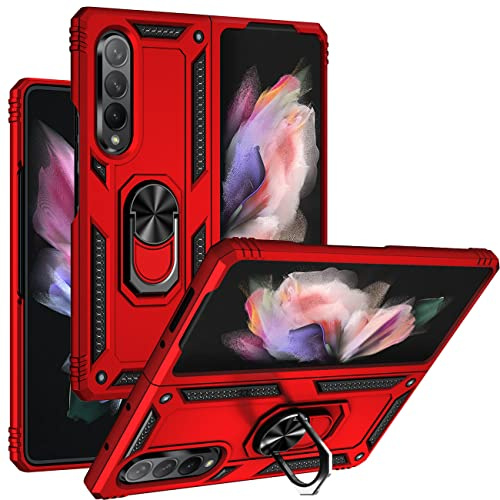 Joytag Schutzhülle für Samsung Galaxy Z Fold 3 5G, magnetisch, Halterung, robust, stoßfest, Silikon, TPU, 360 Grad, Rot