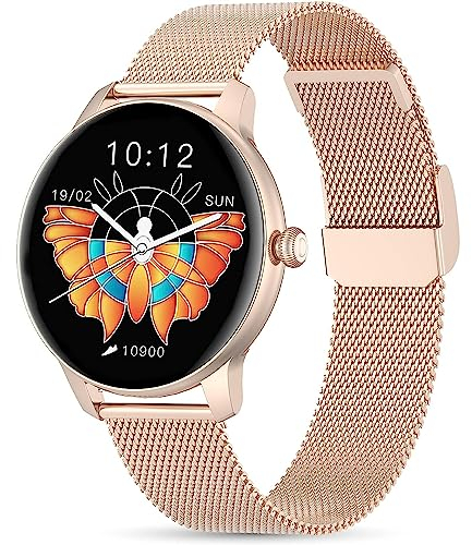 LUNIQUESHOP LSFIT Smartwatch Damen Rund Armbanduhr mit personalisiertem Bildschirm | Schrittzähler Uhr Damen | Blutdruckmessung | Schlaftracker Fitness Tracker kompatibel mit Android/IOS Rosegold