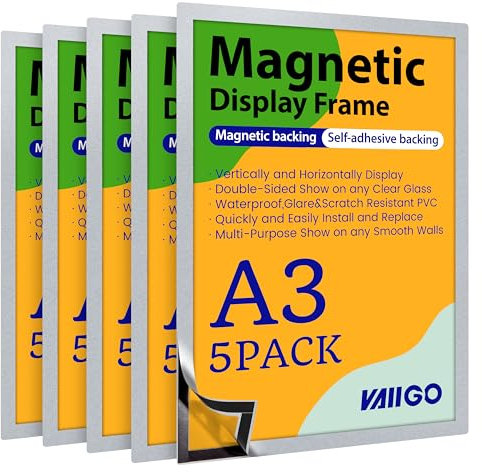 VAIIGO Magnetrahmen A3, Selbstklebend magnetische Bilderrahmen, Mit Magnetverschluss für Informationsrahmen, Durable Magnetic Frame für Restaurants& Büros & Shops (Silber, 5 Stück)
