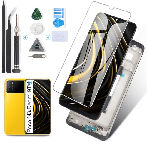 RongZy Pantalla para Xiaomi Poco M3/Redmi 9T Pantalla Táctil LCD Kit de Pantalla de Repuesto Ensamblaje Digitalizador de Reemplazo con Herramientas(Negro con Marco)