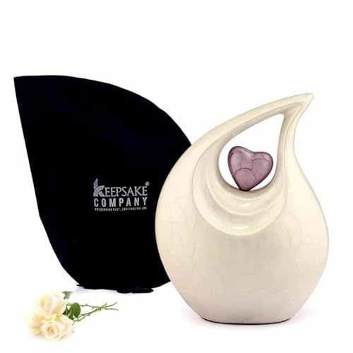 Teardrop Urn Large, Adult White with Purple Heart for Human Ashes Male - Urns for Adult Men and Women - Cremation Urns for Ash, Funeral/Burial Urns, Decorative and Keepsake ERN, Heart Yearn, 2.5 LTR