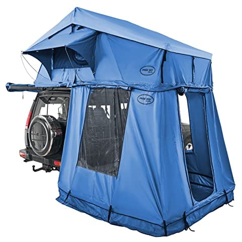 Prime Tech | Extended L Autodachzelt mit Vorzelt | Softshell-Dachzelt mit Bodenplane & Teleskopleiter | 240x140 cm Liegefläche | Komfort-Zelt für Camping, Vanlife & Overlanding | Blau