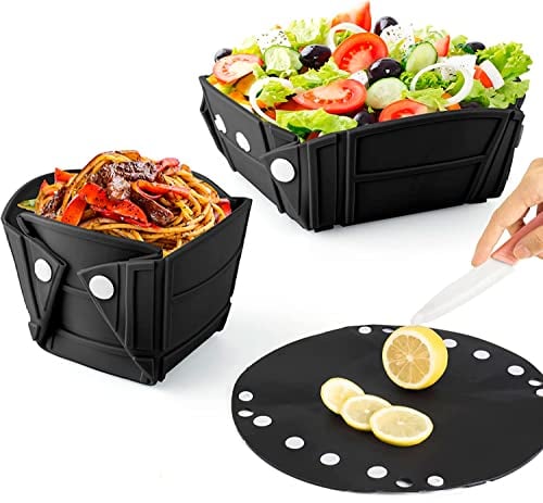 Faltbare Silikon-Schüssel und Teller mit 3 Positionen - Perfekt für Camping, Strand und Bergwanderungen - Luftdicht und Vielseitig einsetzbar, pack 2 (Schwarz)