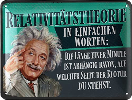 LANOLU Retro Blechschild - RELATIVITÄTSTHEORIE in einfachen Worten Poster aus Metall mit Zitat, Badezimmer WC Schild lustig, Sprüche Schild, vintage Metallschild 15x20cm