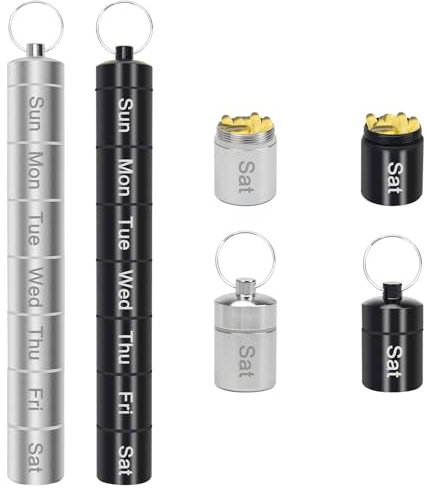 Windspeed 7-Day Pill Case Key-Chain, 2 Pack Rainbow Pill Organizer Small Medicine Box, Waterproof Metal Medicine Container Weekly Organizer Tablet Holder for Travel (Black+Silver)