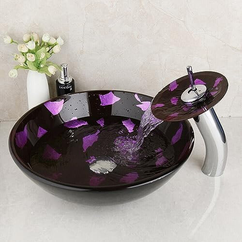 Amazon Brand-chicstyleme Aufsatz-Waschtisch- und Wasserhahn-Set aus Glas Badezimmerwaschtisch und Wasserhahn Rundes, handgefertigtes Becken mit einem Durchmesser von 415 mm und violetter Lackierung