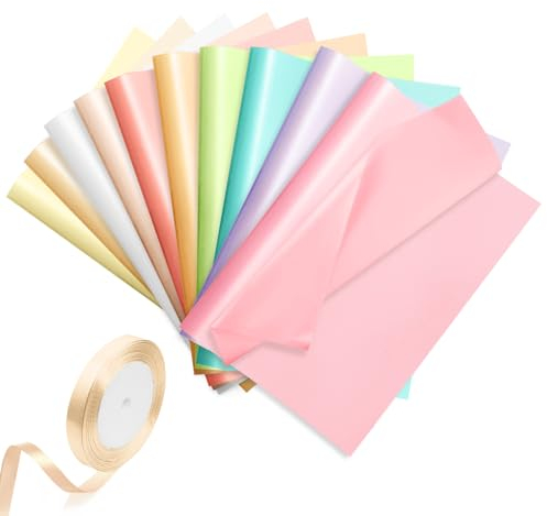 Furuising 50 Blatt Bunt Seidenpapier, 10 Farbiges Metallic Seidenpapier zum Verpacken, 50x35cm Glitzerndes Seidenpapier Verpackungsmaterial mit 1 Satinband für Bastelarbeiten,Geschenkverpackungen