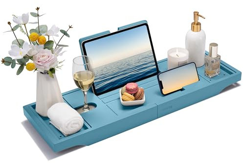 SMIRLY Erweiterbare Bambus Badewannentablett, Badewannenablage für Wanne, Badewannenzubehör, Badewannenablage Holz, Badewannenzubehör, Badewannenablage, Badewannen-Caddy Tablett für Wanne,