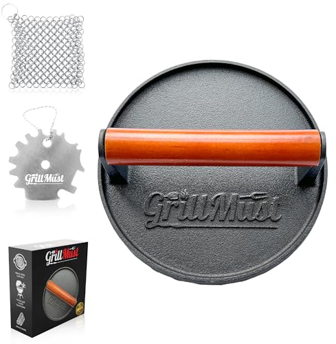 GrillMust Burger Press 7 inch Round, Heavy-Duty Cast Iron Grill Press, Non Stick Smash Meat Press with Wood Handle for Griddle, Sandwich and Nonstick Pan, Gift Package Includes BBQ Grill Kit.