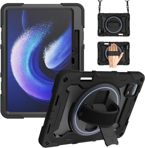 Junfire Case for Xiaomi Pad 6 / Pad 6 Pro 11 inch 2023, Shockproof Rugged Protective Case with 360° Rotating Kickstand Hand Strap Pencil Holder Shoulder Belt for Xiaomi Pad 6 Tablet Case, Black