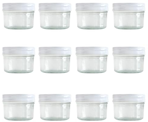 GPK4ALL Mason Jar 4oz, Regular Mouth, Food Grade Glass, Silver Single Piece Lid, Pack of 12