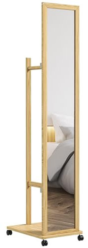 HOMCOM Miroir sur Pied avec roulettes, Miroir avec Portant et 3 étagères, Multi-rangements, pour Chambre, entrée, en Bois, Coloris Naturel
