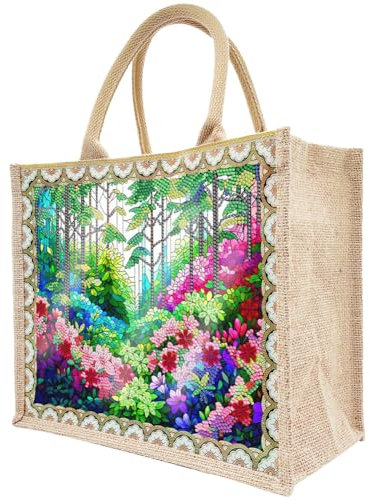 Starnearby DIY Diamond Painting Tasche, 5D Diamant Painting Tragetasche mit Innentasche und Reißverschluss Stofftasche Shopper, Wasserdichtr Einkaufstasche mit 2 Leinwänden (grüner Garten)