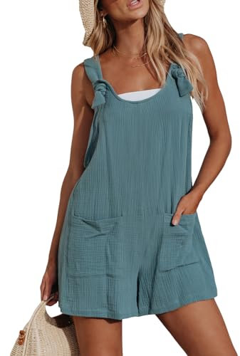 CUPSHE Women's Jumpsuit Pinafore Short Dungarees Scoop Neck Sleeveless Overall Casual Straight Leg Outfit Romper Playsuit with Pockets Blue L