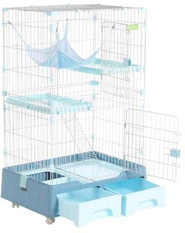Portable Cat Cage, Cat Carrier With Drawer Litter Box And Storage Box, Cat Playpen Metal Cat Cages With Extra Large Hammock, Cage for Cat for 1-2 Cats, Ferret