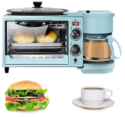 Estación for hacer desayuno 3 en 1, máquina de desayuno multifunción con horno eléctrico tostador de 9 litros, cafetera de 600 ml, sartén antiadherente, sandwichera de huevo, control de temperatura (