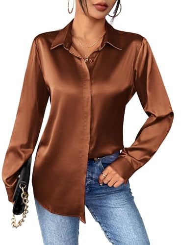Zeagoo Damen Satin Bluse Elegant V-Ausschnitt Seidenbluse Langarm Button Down Satinbluse Business Satin Hemd Casual Blusen Shirt Basic Solide Oberteile Braun M
