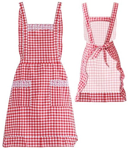 YHSKJCD Delantal clásico vintage para mujer, delantal a cuadros rojo y blanco con 2 bolsillos, delantal de cocina de algodón para cocinar, hornear, jardinería, regalos para mamá, esposa, abuela