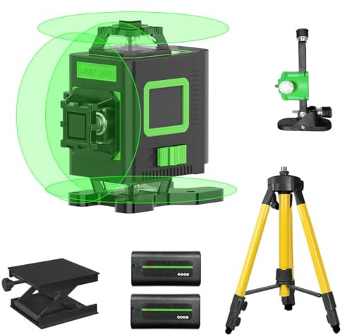 Kreuzlinienlaser Grün 16 Linien, Laser Kreuzlinienlaser mit 8000mAh Akku *2, für Verlegung Bodenfliesen, Installation Trennwänden Laser Level, Mit Mit Stativ, Hebeplattform,Fernbedienung