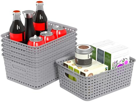 Xeabia 6 Packs Plastic Woven Storage Baskets, Small Weave Basket Box, Grey | Rattan Organiser Basket For Bathroom, Cupboard, Kitchen, Under Shelf