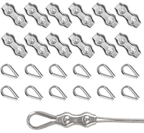 Rybtd Serre Câbles Duplex Clips Serre-Câbles 24Pièces M4 Duplex Clips avec M4 Cosse Coeur,Serre Cable Acier 4mm Pinces Duplex pour Cable Acier 4mm,Serre Cable pour Auvent Tendeur de Corde à Linge Fixe