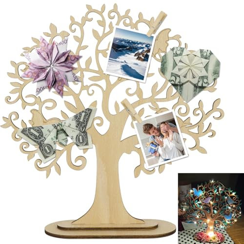 Albero di Denaro in Legno, Centrotavola in Legno Albero della Vita, Decorazione tavola Albero della Vita con Luci LED da fata, per Matrimonio, Regalo di Compleanno, Decorazione