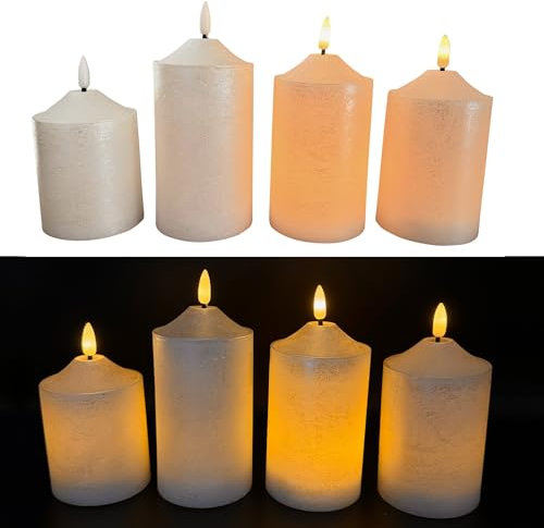 Online Fuchs 4er Set LED-Kerzen mit Fernbedienung, Timerfunktion und realistischer Flamme - Spitzkerzen für Weihnachten, Adventskranz (Weiß Metallic)