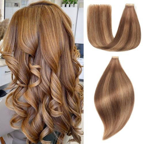 EINbeauty Tape Extensions Echthaar 20pcs Extensions Echthaar 50cm 50g Schokoladenbraun Tape In Extensions Echthaar Invisible Echthaar Extensions Tape Für Frauen(20inch,4/4/27#)