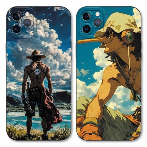 Handyhülle 2 Stück für iPhone 15 Hülle 6.1'' Anime Gear 5 Luffy Usopp Ace Manga Mode Muster Design Case Kameraschutz Schutzhülle Stoßfest TPU Silikon Weich Ultra Dünn Cover - Schwarz