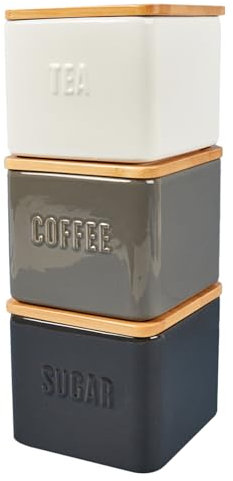 WiseAccordio Multi Colour Black Grey White Stacking Tea Coffee Sugar Ceramic Canister Set, Kitchen Canisters Tea Coffee Sugar Canisters with Air Tight Lid, Kitchen Storage Jars with Lidsset