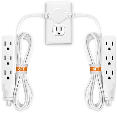 Dual Extension Cord Power Strip, 12ft Dual Extension Cord with Flat Wall Plug, Split Extension Cord with Multiple Outlets, Elegant Double Head Plug for Behind