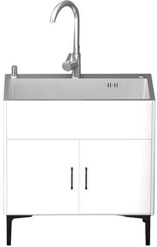 Fregadero con Patas Acero Exterior Jardin negro/blanco Mueble Fregadero de servicio de pie con gabinete Restaurante comercial Fregadero de cocina portátil de un solo tazón Tocador de baño,con Grifo