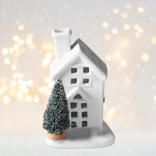 Skeadex LED Weihnachtsdeko Innen, Weiß LED Lichterhaus Keramik Weihnachtsdorf Beleuchtet Lichthäuser Weisse LED Weihnachtshäuser Batteriebetriebenen für Tishdeko Weihnachten Deko (03)