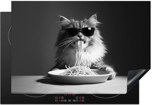 KitchenYeah© Herdabdeckplatte 78x52 cm Einteilig Herdabdeckung Abdeckplatte für Ceranfeld Abdeckung Induktionskochfeld Aufrollbare Matte Langhaarkatze - Sonnenbrille - Spaghetti - Humor