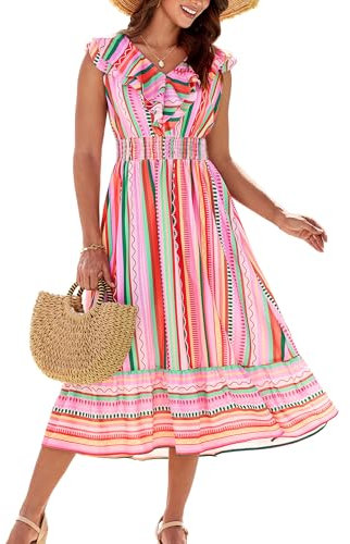 GRACE KARIN Robe pour Femme A-Line à Volants, col en V, imprimé Floral, sans Manches, Plage, été, élégante, Rayures Roses et Vertes, 2XL