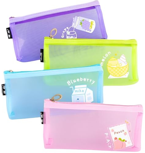 MUVONZI 4 Stück Transparente Federmäppchen, Cartoon Frucht Bleistift Beutel, Nylon-Netzstoff Zip Mesh Reißverschluss Beutel Stifteetui, Pouch Tragbares Schreibwarenetui für Schule Bürobedarf Kosmetik