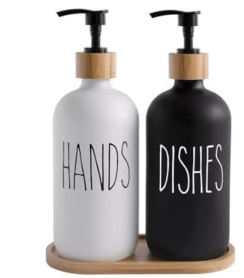 2 Pack Glass Soap Dispenser Bottles – 500ml Refillable Pump Bottles in Black & White – Hand Soap or Washing Up Liquid Dispenser for Kitchen or Bathroom