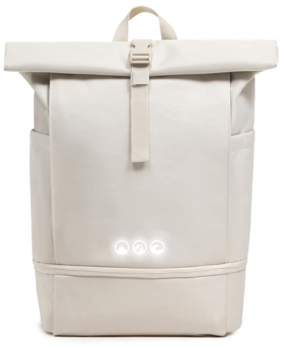 SONS OF ALOHA Roll-Top Rucksack Damen & Herren - NALU Reflektierend groß - Rolltop mit Laptopfach 16 und Schuhfach für Uni Fahrrad Business - recycelt wasserabweisend beige