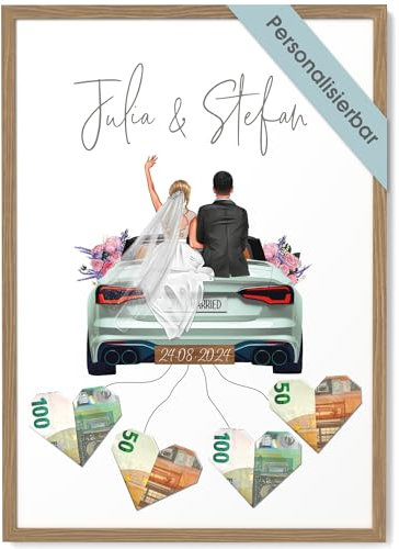 Papierschmiede® Personalisiertes Geldgeschenk zur Hochzeit | Alle Größen mit Rahmen | Hochzeitsgeschenk mit Namen für Brautpaar | Hochzeitskarte Geld Verpackung Idee Geschenk Bild „Wedding New Car“