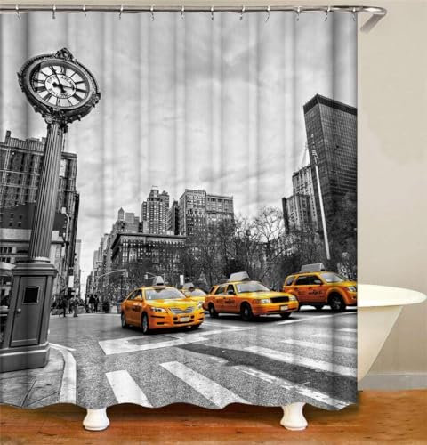 okoikfc Rideau Douche Anti Moisissure 3D New York, Rideau de Douche 180x200 cm Taxi de Rue, Rideaux Baignoire Imperméable Lavable Tissu Polyester Rideaux Salle de Bain avec 12 Crochets a1888