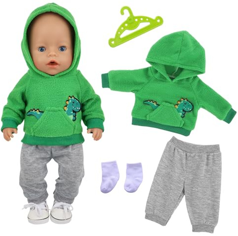 14-18 Zoll Babypuppenkleidung, 4 Stück 35-45 cm Puppenkleidung Dinosaurier, 43 cm Puppenoutfits Dinosaurier, Grüner Dinosaurierpullover + graue Hose + weiße Socken, Puppenzubehör für Mädchen