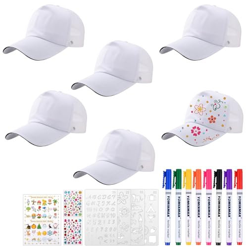 6 Stück DIY Kappe für Kinder Baumwolle Weiß Mesh-baseballmütze Baseballcap Zum Bemalen Graffiti Kappe mit Textilstifte Aufklebern Geschenkbox Malbuch Malvorlagen für Kinder Wandert im Freien Outdoor