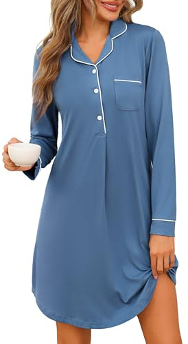 Jahetuul Camicia da Notte Donna Manica Lunga Cotone | con Bottoni e Scollo a V Confortevole Abito da Notte Aperta Davanti
