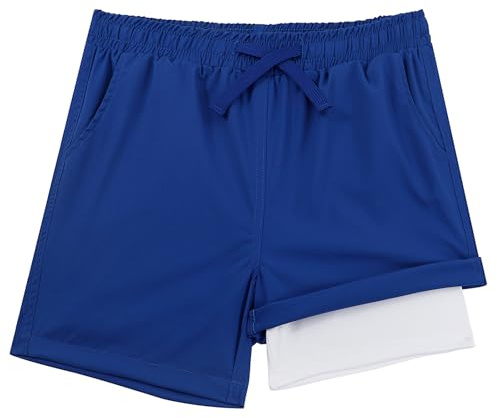 LACOFIA 2 delar 2-i-1 babybadshorts med kompressionsfoder boxershorts pooldräkt strand pojkar med elastisk midja snabbtorkande 2–14 år, A-blå, 10-12 anni